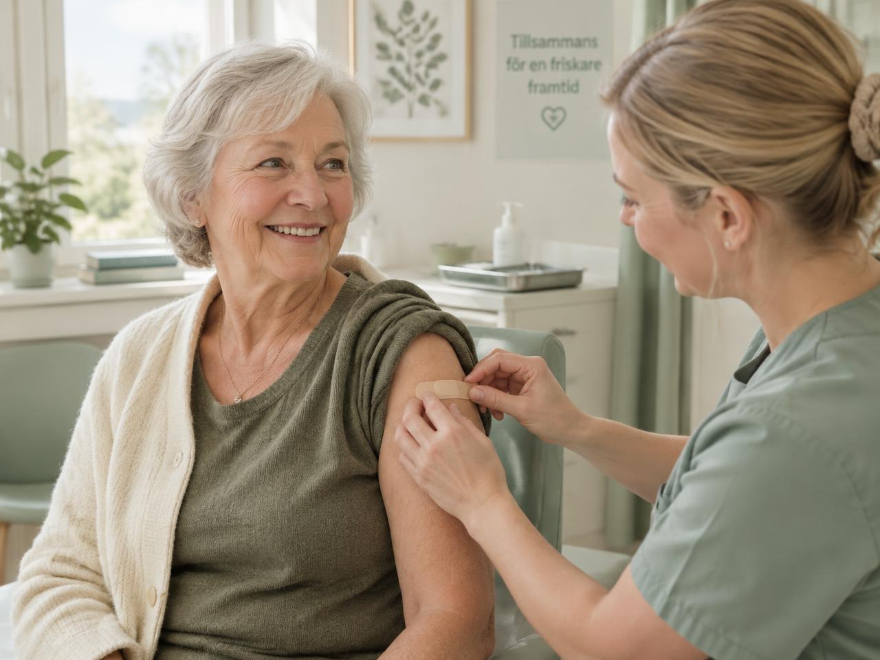 Kvinna får plåster på armen efter vaccination